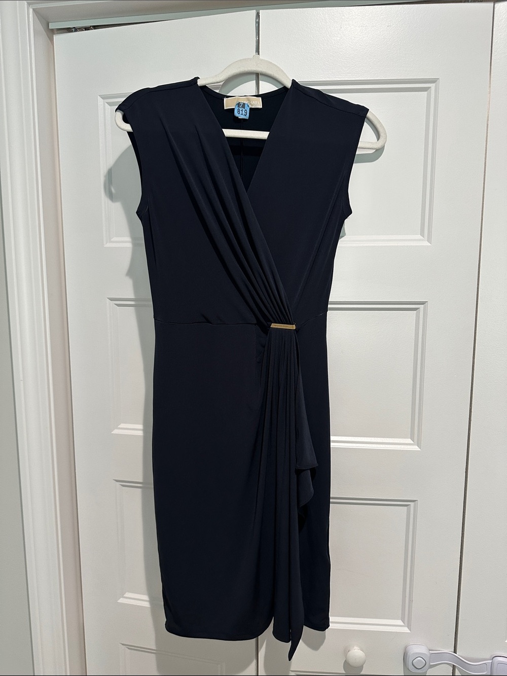 Michael Kors Navy Sleeveless Draped Sheath Dress with Gold Accent